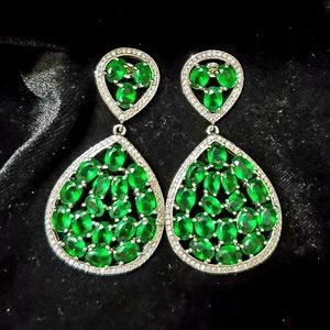 Large Green Teardrop Dangle Sterling Silver 925 Earring